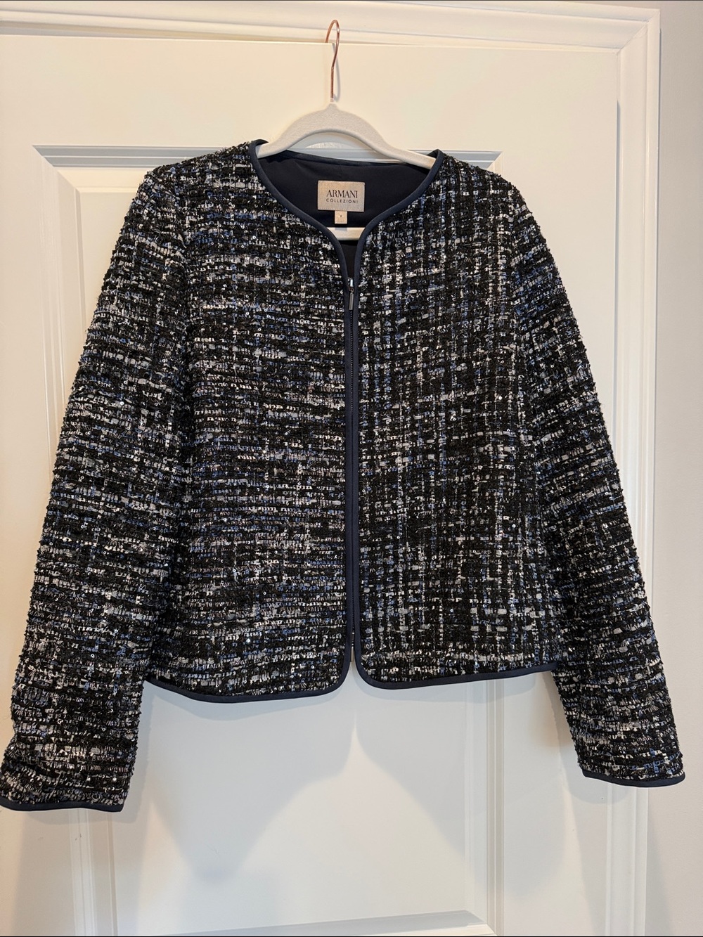 Armani Collezioni Navy, silver & White Metallic Tweed Zip Jacket